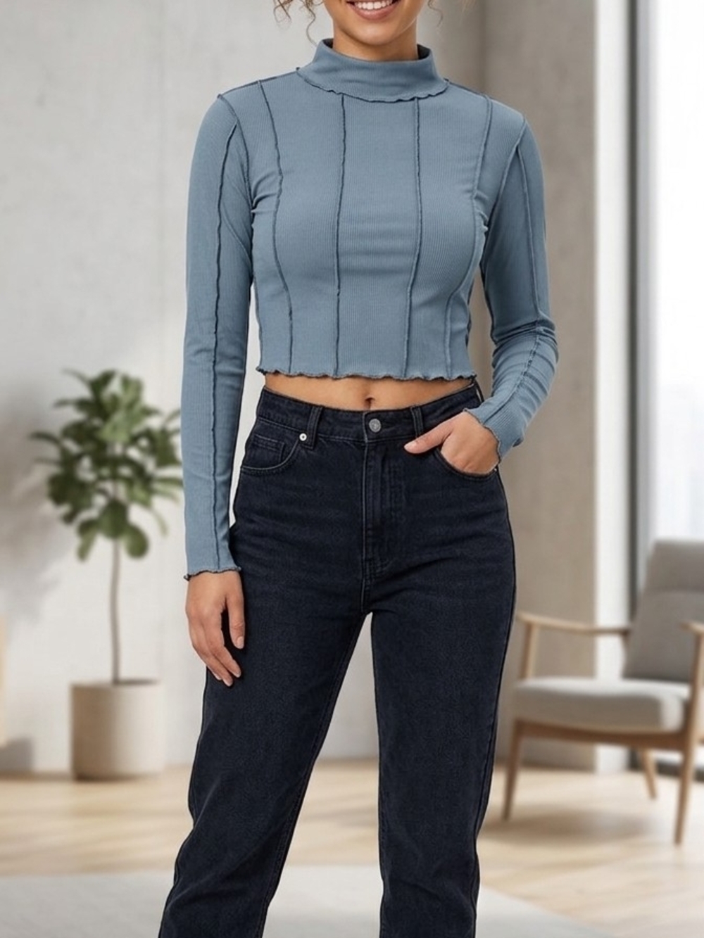Trendy Mixed Threads Ribbed Mock Neck Cropped Top in Dusty Blue.     WS 109